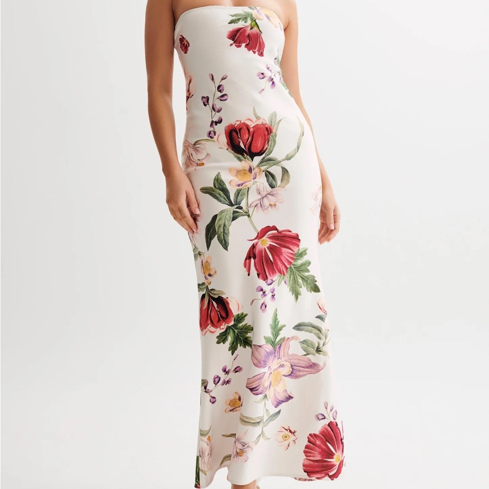 Meshki Strapless Floral Maxi Dress - White and Red